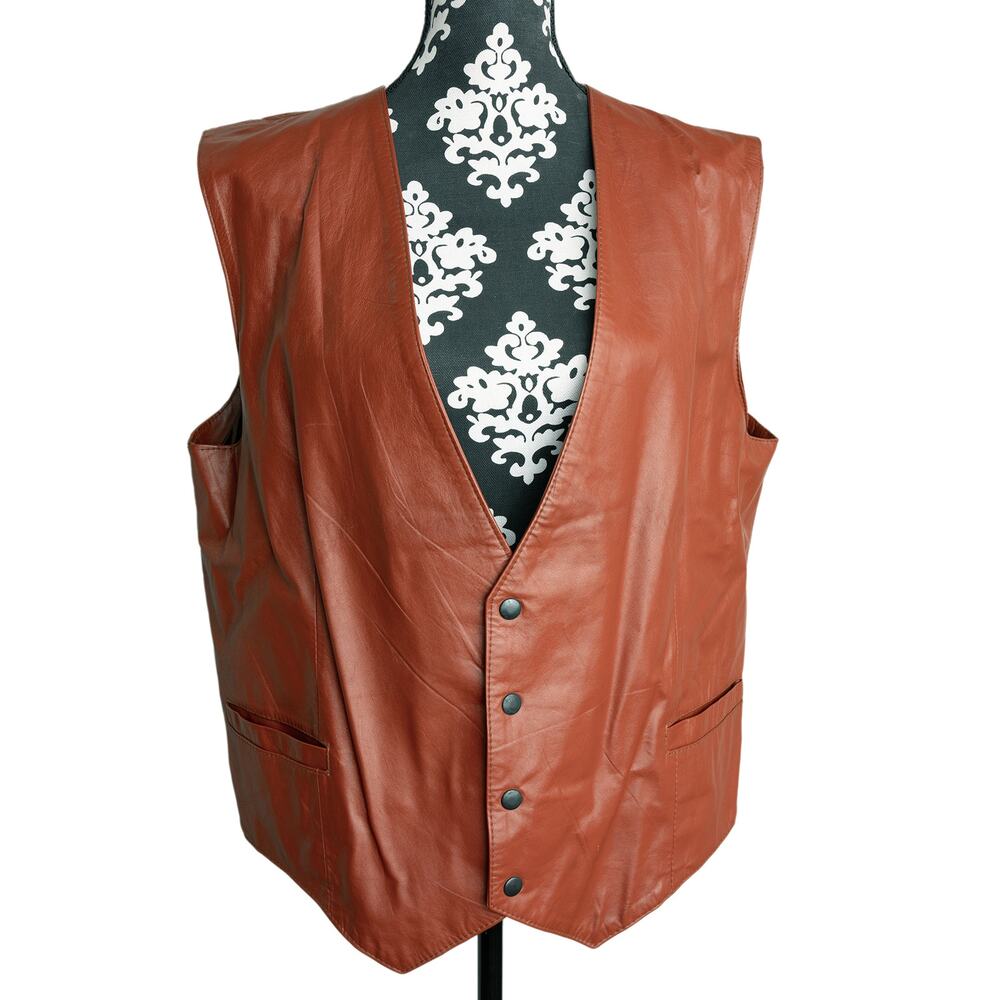 Vintage Brown Montevideo Leather Factory Front Snap Lined Antelope Calfskin Vest